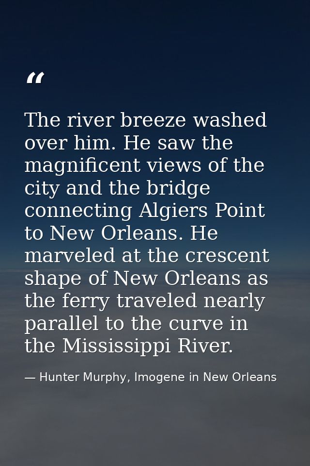 The river breeze washed over him. He saw the magnificent views of the city and the bridge connecting Algiers Point to Ne — Hunter Murphy, Imogene in New Orleans