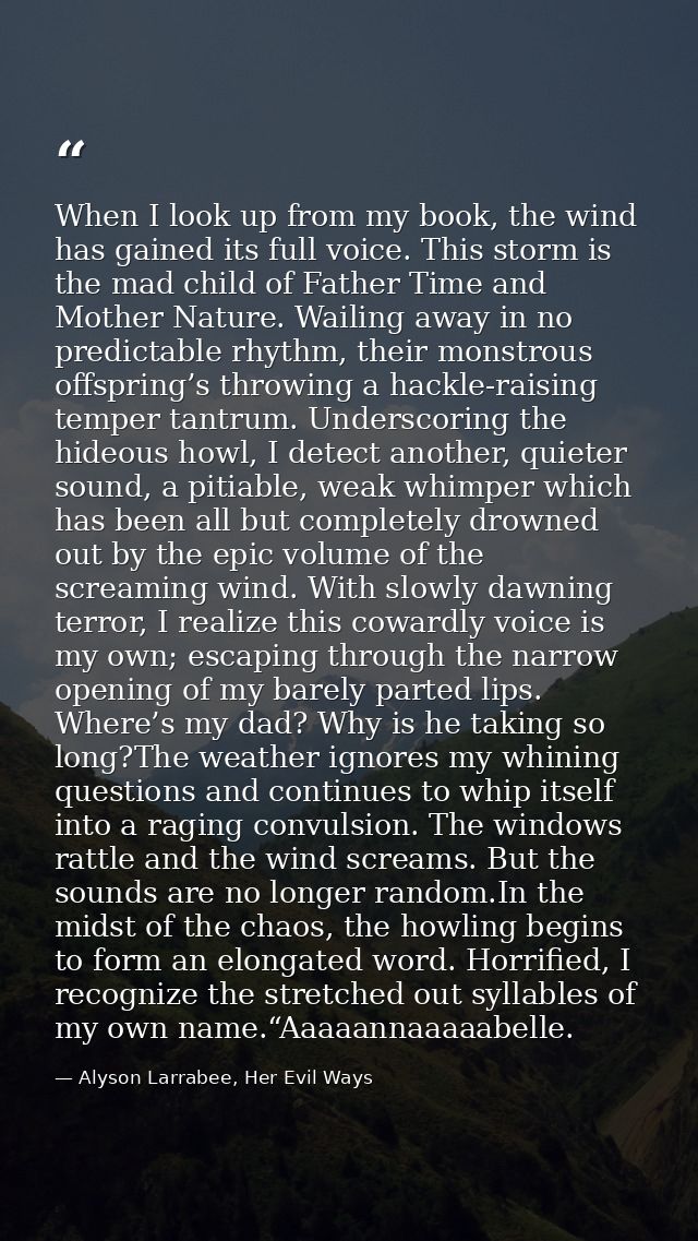 When I look up from my book, the wind has gained its full voice. This storm is the mad child of Father Time and Mother N — Alyson Larrabee, Her Evil Ways
