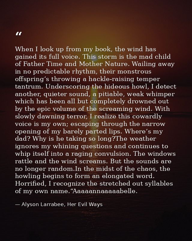When I look up from my book, the wind has gained its full voice. This storm is the mad child of Father Time and Mother N — Alyson Larrabee, Her Evil Ways