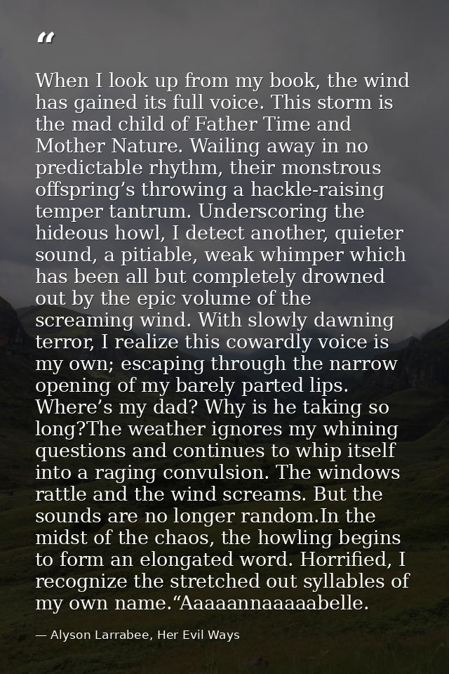 When I look up from my book, the wind has gained its full voice. This storm is the mad child of Father Time and Mother N — Alyson Larrabee, Her Evil Ways