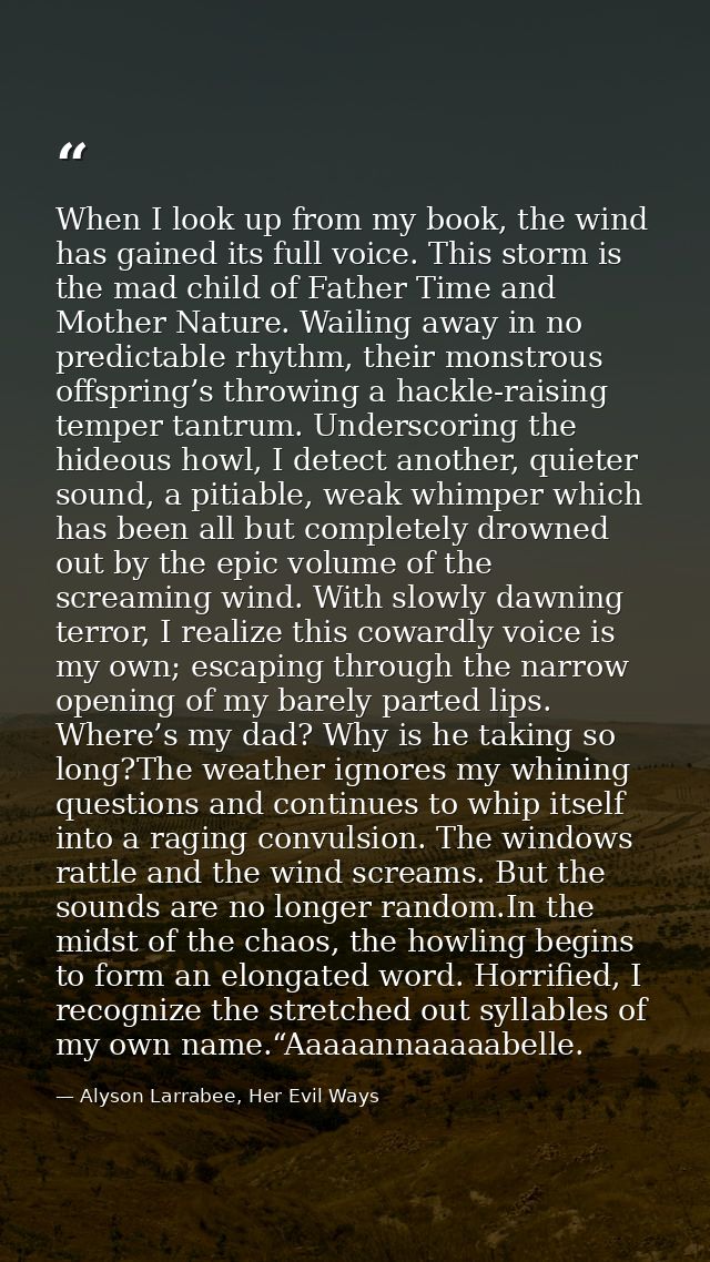 When I look up from my book, the wind has gained its full voice. This storm is the mad child of Father Time and Mother N — Alyson Larrabee, Her Evil Ways