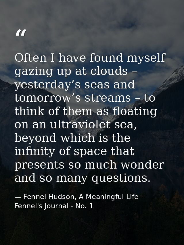 Often I have found myself gazing up at clouds – yesterday’s seas and tomorrow’s streams – to think of them as floating o — Fennel Hudson, A Meaningful Life - Fennel's Journal - No. 1