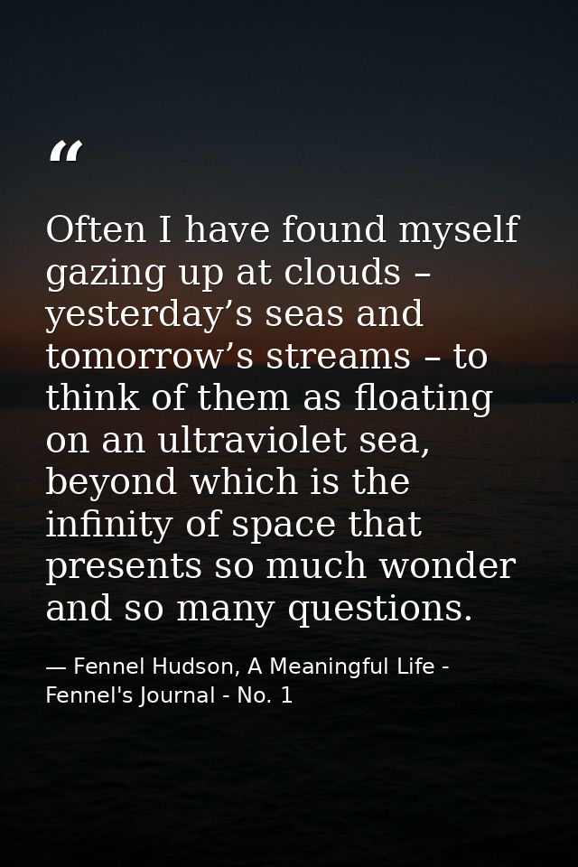 Often I have found myself gazing up at clouds – yesterday’s seas and tomorrow’s streams – to think of them as floating o — Fennel Hudson, A Meaningful Life - Fennel's Journal - No. 1