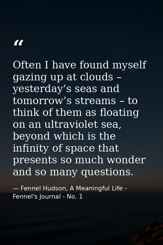Often I have found myself gazing up at clouds – yesterday’s seas and tomorrow’s streams – to think of them as floating o — Fennel Hudson, A Meaningful Life - Fennel's Journal - No. 1