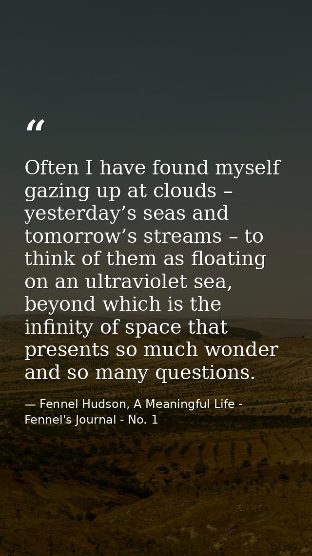 Often I have found myself gazing up at clouds – yesterday’s seas and tomorrow’s streams – to think of them as floating o — Fennel Hudson, A Meaningful Life - Fennel's Journal - No. 1