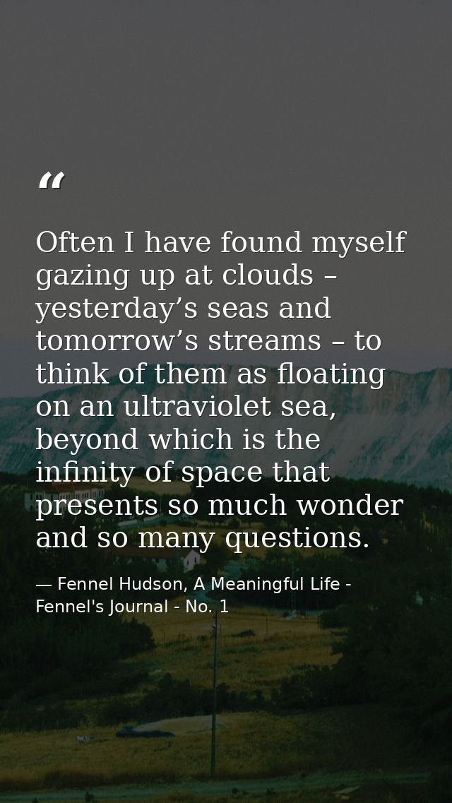 Often I have found myself gazing up at clouds – yesterday’s seas and tomorrow’s streams – to think of them as floating o — Fennel Hudson, A Meaningful Life - Fennel's Journal - No. 1