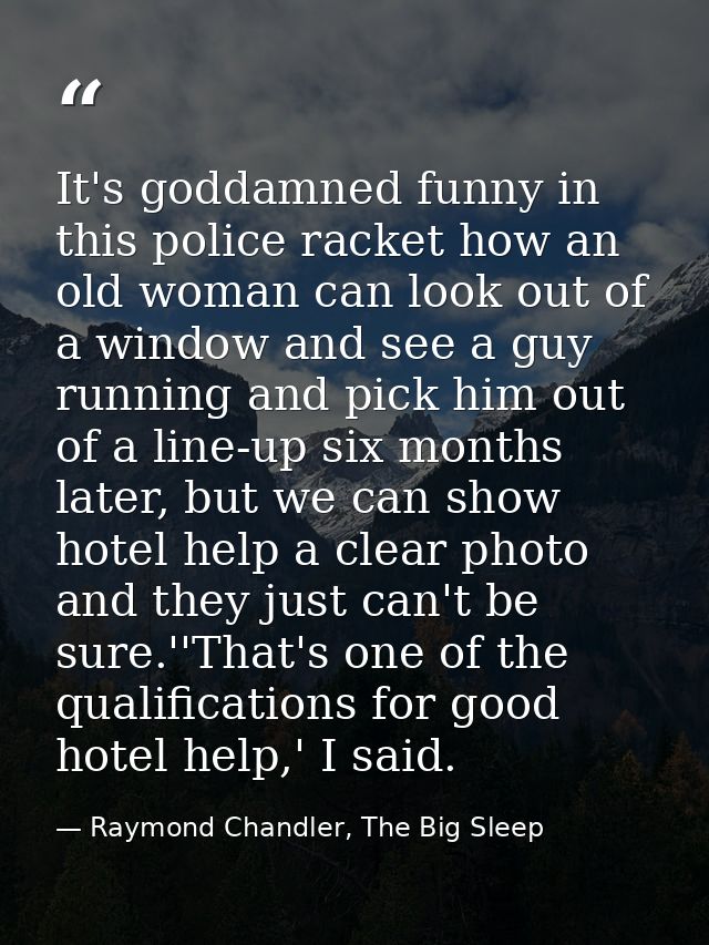 It's goddamned funny in this police racket how an old woman can look out of a window and see a guy running and pick him  — Raymond Chandler, The Big Sleep