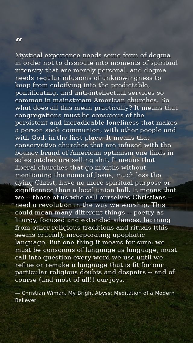 Mystical experience needs some form of dogma in order not to dissipate into moments of spiritual intensity that are mere — Christian Wiman, My Bright Abyss: Meditation of a Modern Believer