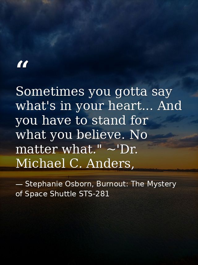 Sometimes you gotta say what's in your heart... And you have to stand for what you believe. No matter what." ~'Dr. Micha — Stephanie Osborn, Burnout: The Mystery of Space Shuttle STS-281