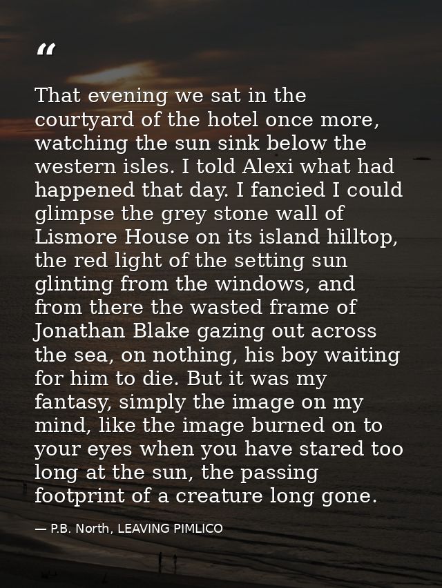 That evening we sat in the courtyard of the hotel once more, watching the sun sink below the western isles. I told Alexi — P.B. North, LEAVING PIMLICO