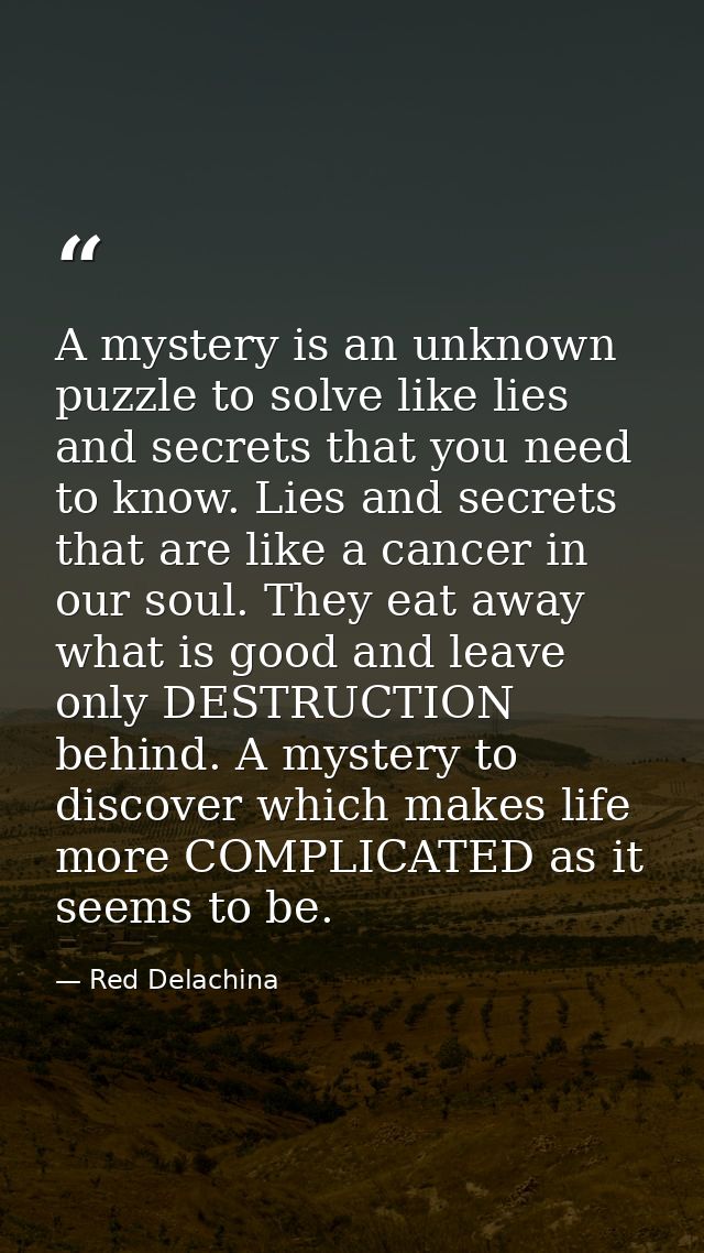 A mystery is an unknown puzzle to solve like lies and secrets that you need to know. Lies and secrets that are like a ca — Red Delachina