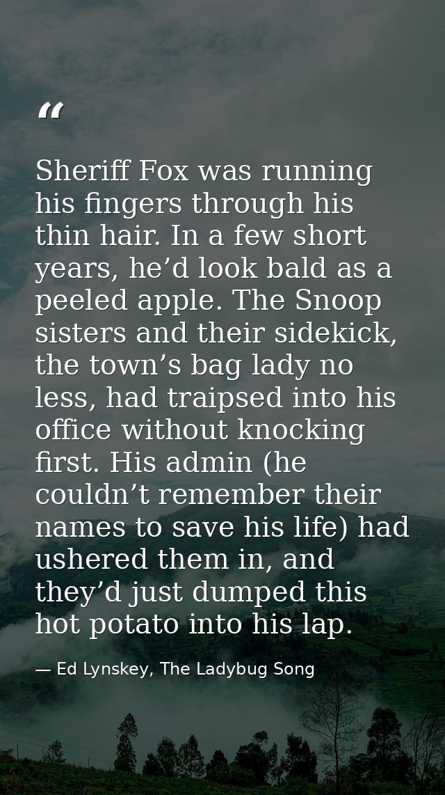 Sheriff Fox was running his fingers through his thin hair. In a few short years, he’d look bald as a peeled apple. The S — Ed Lynskey, The Ladybug Song
