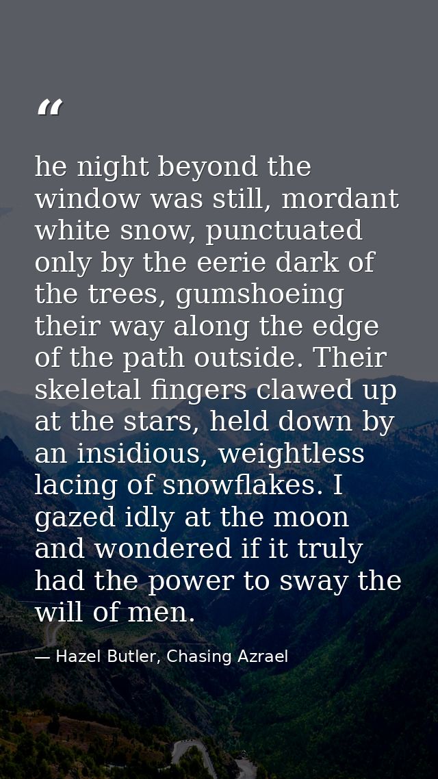 he night beyond the window was still, mordant white snow, punctuated only by the eerie dark of the trees, gumshoeing the — Hazel Butler, Chasing Azrael