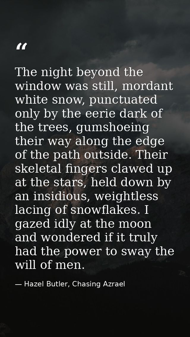 The night beyond the window was still, mordant white snow, punctuated only by the eerie dark of the trees, gumshoeing th — Hazel Butler, Chasing Azrael