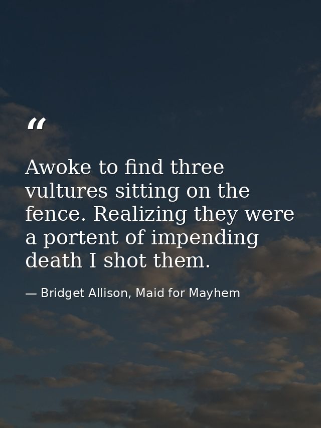 Awoke to find three vultures sitting on the fence. Realizing they were a portent of impending death I shot them. — Bridget Allison, Maid for Mayhem