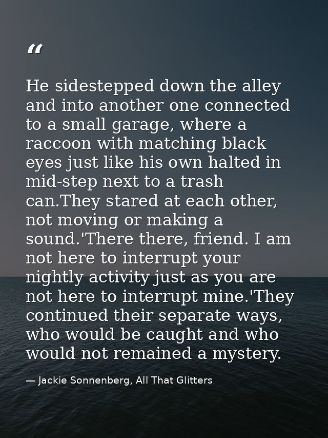 He sidestepped down the alley and into another one connected to a small garage, where a raccoon with matching black eyes — Jackie Sonnenberg, All That Glitters