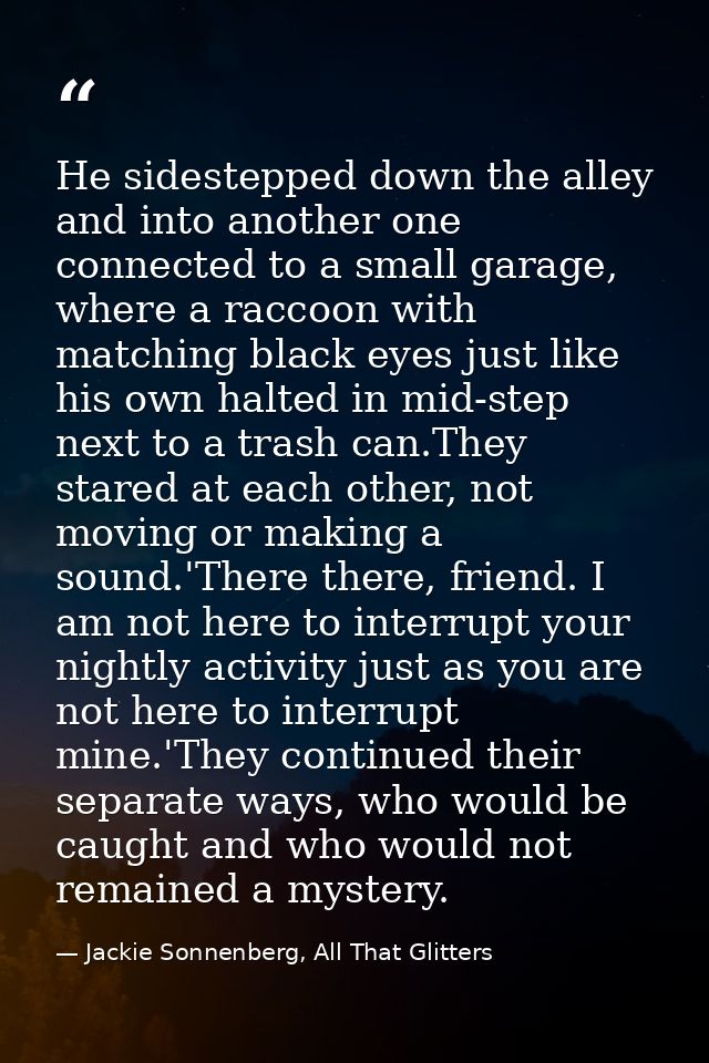 He sidestepped down the alley and into another one connected to a small garage, where a raccoon with matching black eyes — Jackie Sonnenberg, All That Glitters
