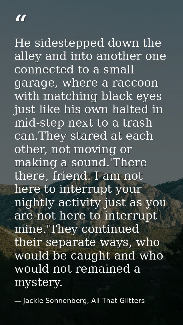 He sidestepped down the alley and into another one connected to a small garage, where a raccoon with matching black eyes — Jackie Sonnenberg, All That Glitters