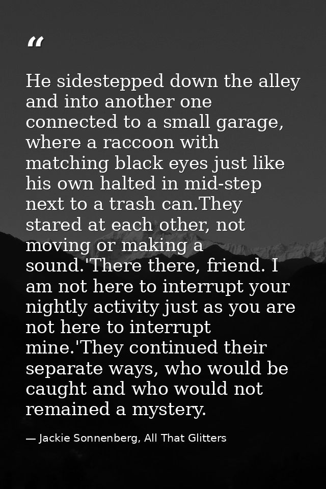 He sidestepped down the alley and into another one connected to a small garage, where a raccoon with matching black eyes — Jackie Sonnenberg, All That Glitters