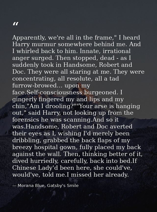 Apparently, we're all in the frame," I heard Harry murmur somewhere behind me. And I whirled back to him. Innate, irrati — Morana Blue, Gatsby's Smile