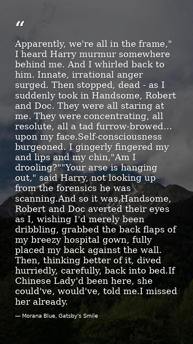 Apparently, we're all in the frame," I heard Harry murmur somewhere behind me. And I whirled back to him. Innate, irrati — Morana Blue, Gatsby's Smile