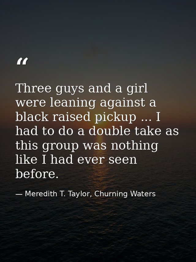 Three guys and a girl were leaning against a black raised pickup ... I had to do a double take as this group was nothing — Meredith T. Taylor, Churning Waters