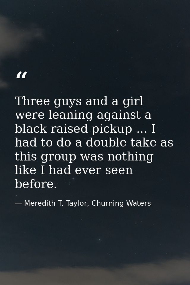 Three guys and a girl were leaning against a black raised pickup ... I had to do a double take as this group was nothing — Meredith T. Taylor, Churning Waters