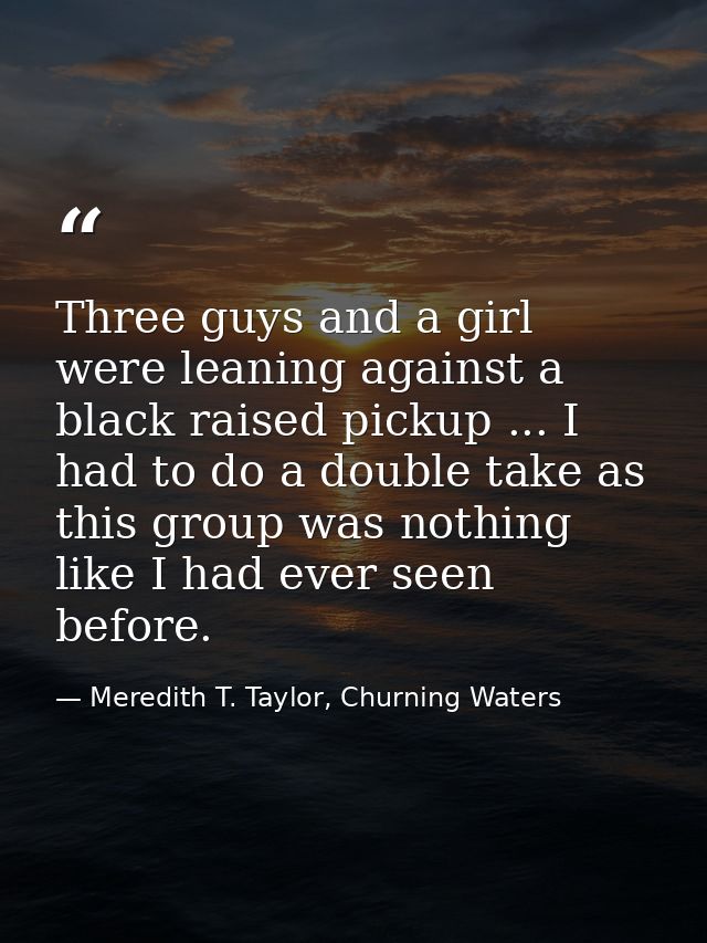 Three guys and a girl were leaning against a black raised pickup ... I had to do a double take as this group was nothing — Meredith T. Taylor, Churning Waters