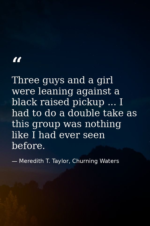 Three guys and a girl were leaning against a black raised pickup ... I had to do a double take as this group was nothing — Meredith T. Taylor, Churning Waters