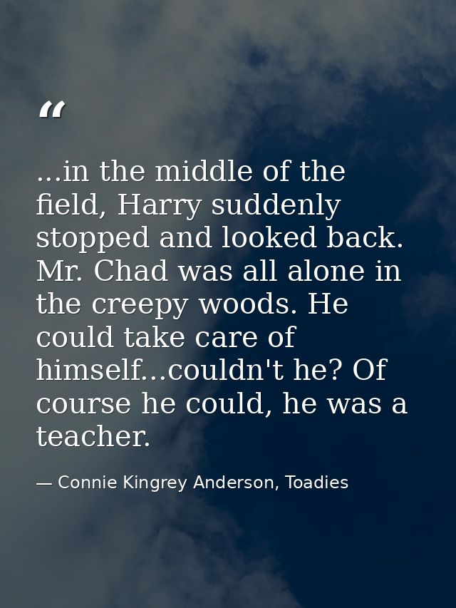 ...in the middle of the field, Harry suddenly stopped and looked back. Mr. Chad was all alone in the creepy woods. He co — Connie Kingrey Anderson, Toadies