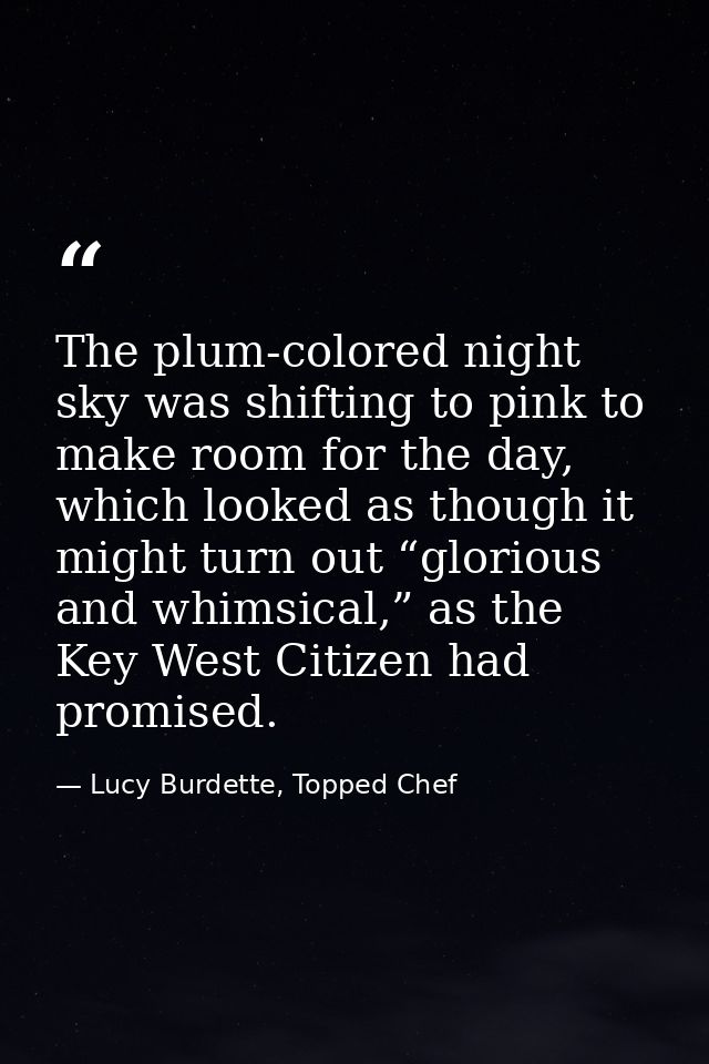 The plum-colored night sky was shifting to pink to make room for the day, which looked as though it might turn out “glor — Lucy Burdette, Topped Chef