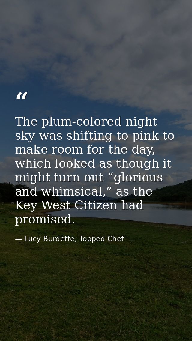 The plum-colored night sky was shifting to pink to make room for the day, which looked as though it might turn out “glor — Lucy Burdette, Topped Chef