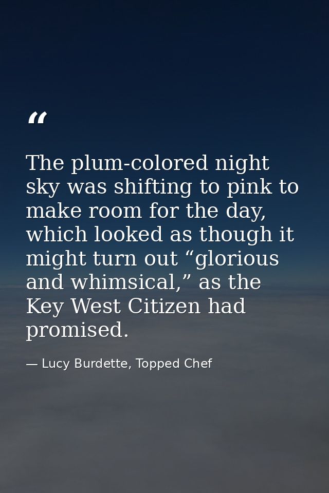 The plum-colored night sky was shifting to pink to make room for the day, which looked as though it might turn out “glor — Lucy Burdette, Topped Chef
