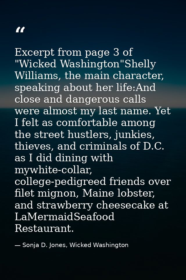 Excerpt from page 3 of "Wicked Washington"Shelly Williams, the main character, speaking about her life:And close and dan — Sonja D. Jones, Wicked Washington