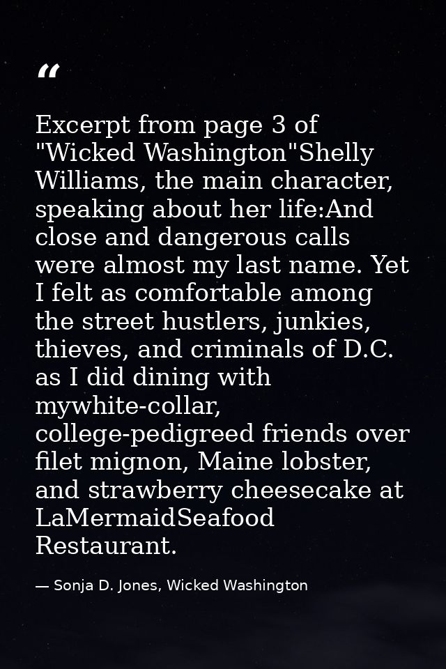 Excerpt from page 3 of "Wicked Washington"Shelly Williams, the main character, speaking about her life:And close and dan — Sonja D. Jones, Wicked Washington