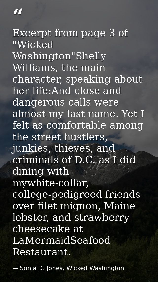 Excerpt from page 3 of "Wicked Washington"Shelly Williams, the main character, speaking about her life:And close and dan — Sonja D. Jones, Wicked Washington