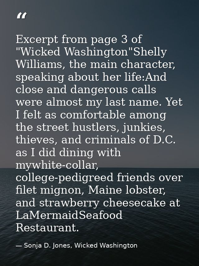 Excerpt from page 3 of "Wicked Washington"Shelly Williams, the main character, speaking about her life:And close and dan — Sonja D. Jones, Wicked Washington