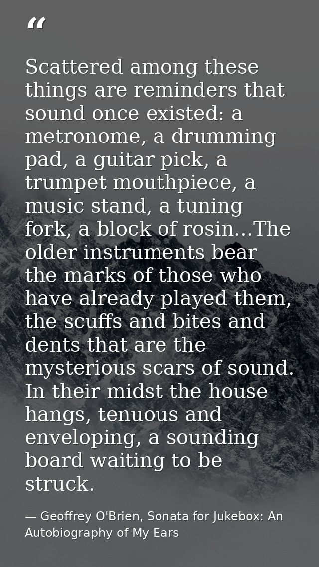 Scattered among these things are reminders that sound once existed: a metronome, a drumming pad, a guitar pick, a trumpe — Geoffrey O'Brien, Sonata for Jukebox: An Autobiography of My Ears