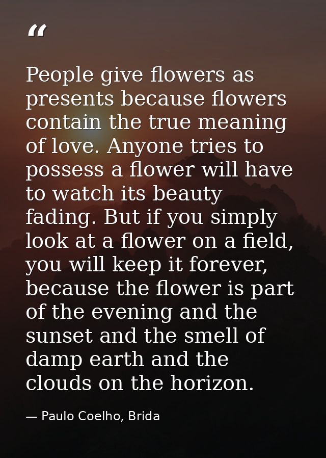 People give flowers as presents because flowers contain the true meaning of love. Anyone tries to possess a flower will  — Paulo Coelho, Brida