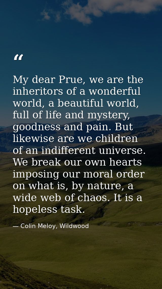 My dear Prue, we are the inheritors of a wonderful world, a beautiful world, full of life and mystery, goodness and pain — Colin Meloy, Wildwood