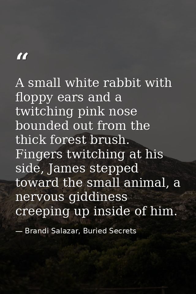 A small white rabbit with floppy ears and a twitching pink nose bounded out from the thick forest brush. Fingers twitchi — Brandi Salazar, Buried Secrets
