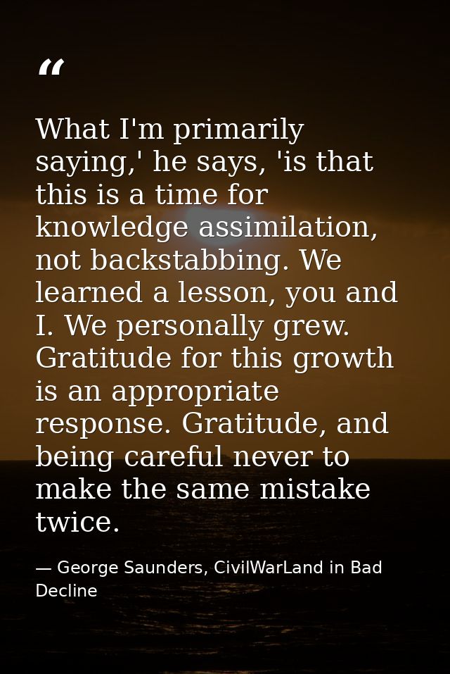 What I'm primarily saying,' he says, 'is that this is a time for knowledge assimilation, not backstabbing. We learned a  — George Saunders, CivilWarLand in Bad Decline