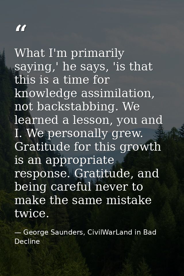 What I'm primarily saying,' he says, 'is that this is a time for knowledge assimilation, not backstabbing. We learned a  — George Saunders, CivilWarLand in Bad Decline