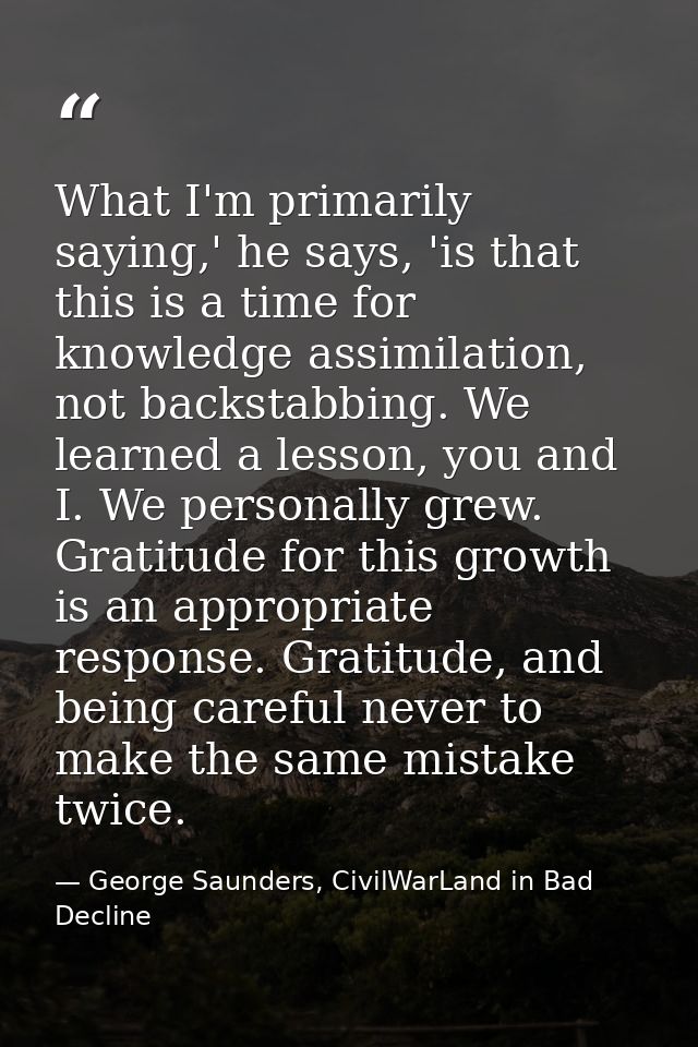 What I'm primarily saying,' he says, 'is that this is a time for knowledge assimilation, not backstabbing. We learned a  — George Saunders, CivilWarLand in Bad Decline
