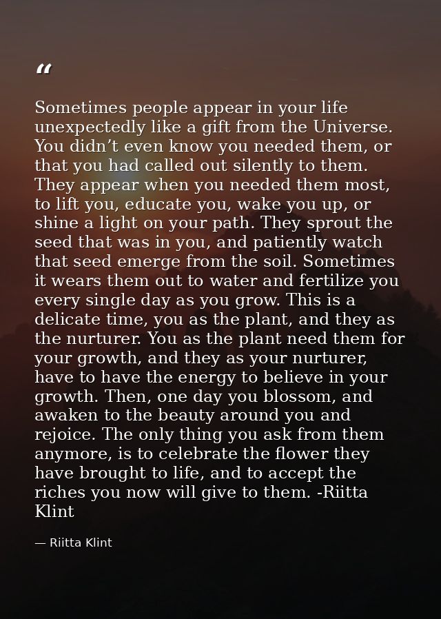 Sometimes people appear in your life unexpectedly like a gift from the Universe. You didn’t even know you needed them, o — Riitta Klint
