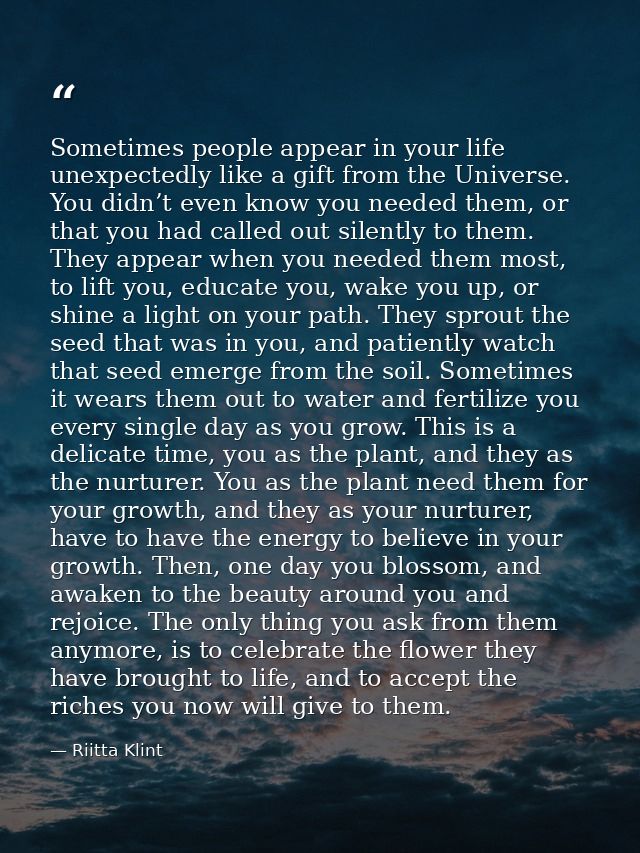 Sometimes people appear in your life unexpectedly like a gift from the Universe. You didn’t even know you needed them, o — Riitta Klint
