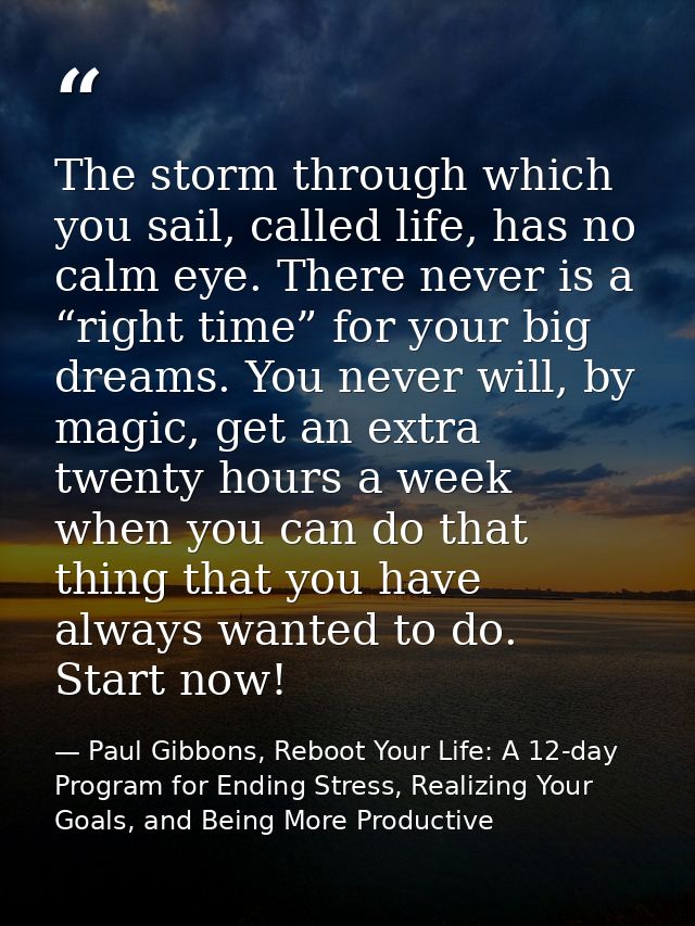 The storm through which you sail, called life, has no calm eye. There never is a “right time” for your big dreams. You n — Paul Gibbons, Reboot Your Life: A 12-day Program for Ending Stress, Realizing Your Goals, and Being More Productive