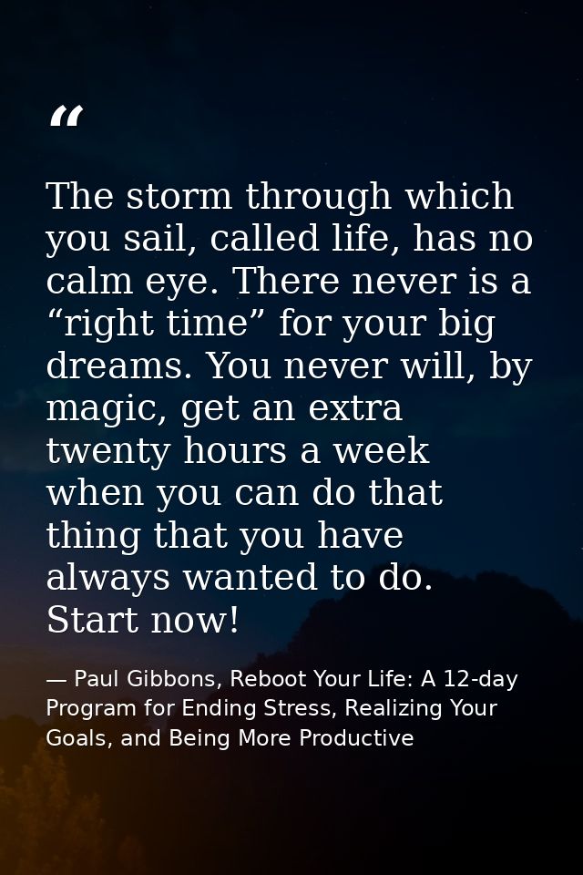 The storm through which you sail, called life, has no calm eye. There never is a “right time” for your big dreams. You n — Paul Gibbons, Reboot Your Life: A 12-day Program for Ending Stress, Realizing Your Goals, and Being More Productive