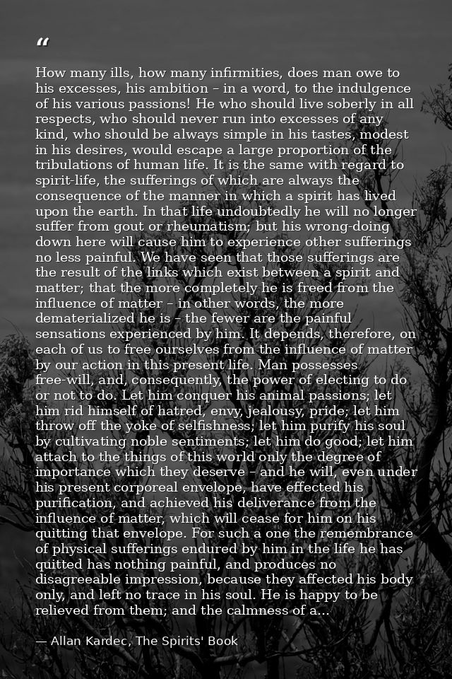How many ills, how many infirmities, does man owe to his excesses, his ambition – in a word, to the indulgence of his va — Allan Kardec, The Spirits' Book