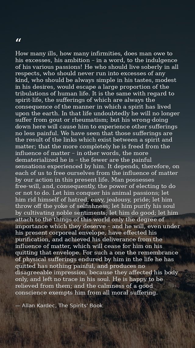 How many ills, how many infirmities, does man owe to his excesses, his ambition – in a word, to the indulgence of his va — Allan Kardec, The Spirits' Book